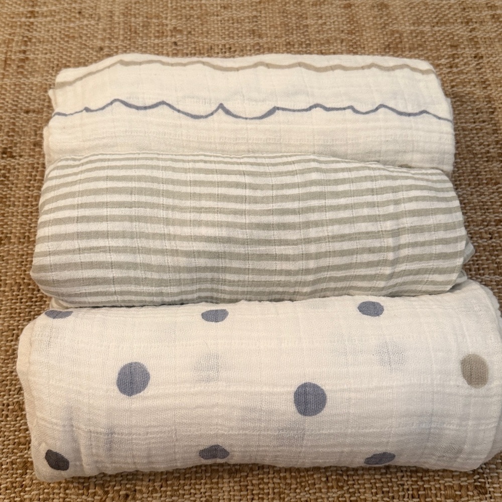 Set of 3 Aden + Anais / Pehr Muslin Swaddles Blue Gray Colors